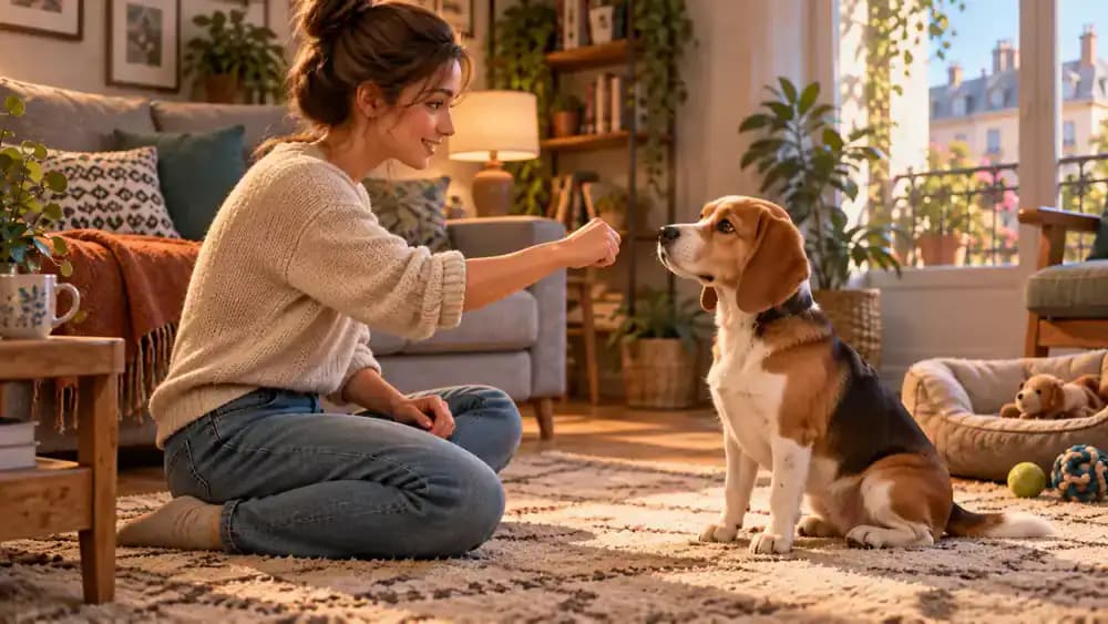 Side view of a dog owner calmly introducing the leave it cue to a beagle before extending a closed hand with a treat inside.