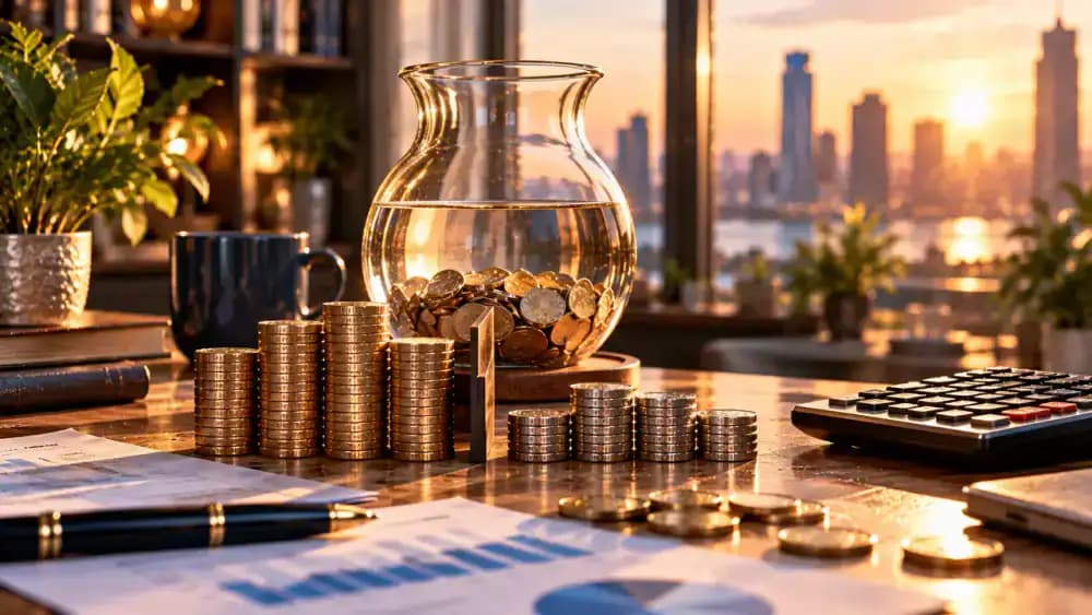 Calculator beside divided coin stacks representing limited participation in market gains.