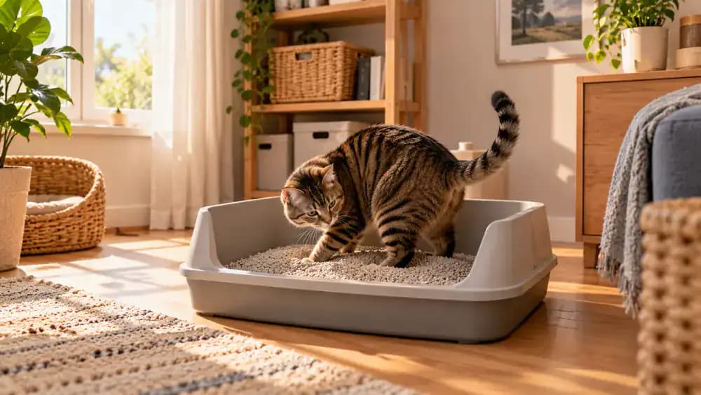 Bright spare room with an uncovered litter box along an interior wall, stable flooring, soft daylight, and a doorstop holding the entrance open as a cat turns comfortably inside the tray.