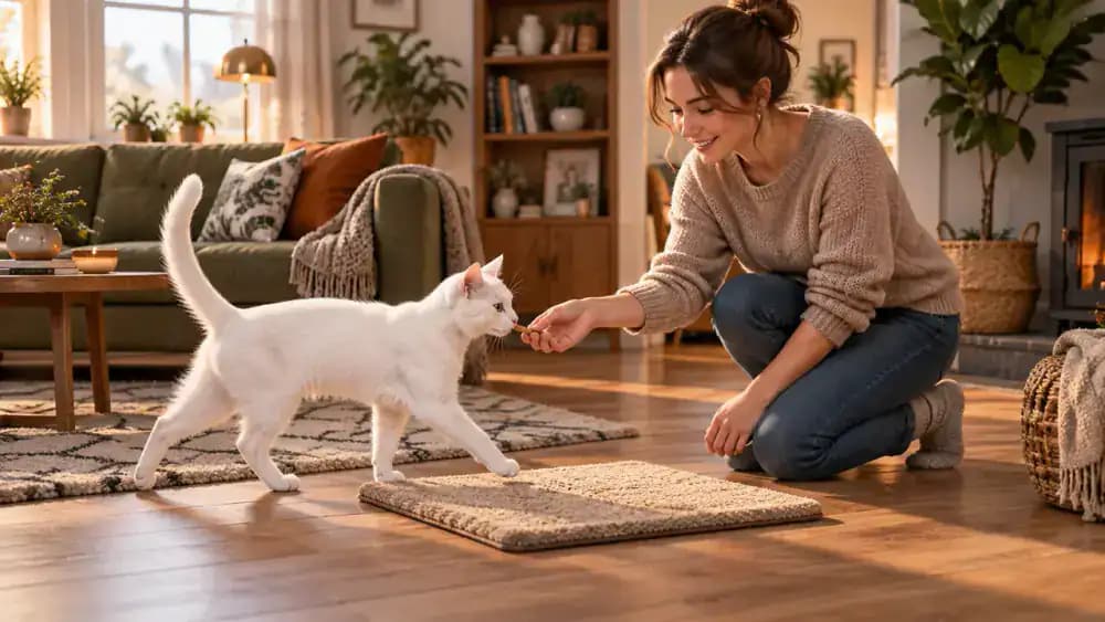 Man gesturing toward a beige waiting mat as a slender white cat walks across a minimalist living room toward the designated station near the hallway.