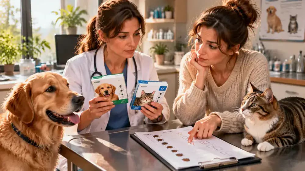 Veterinarian reviewing labeled parasite prevention products with a pet owner who checks safety reminders and contacts the clinic about a missed dose.