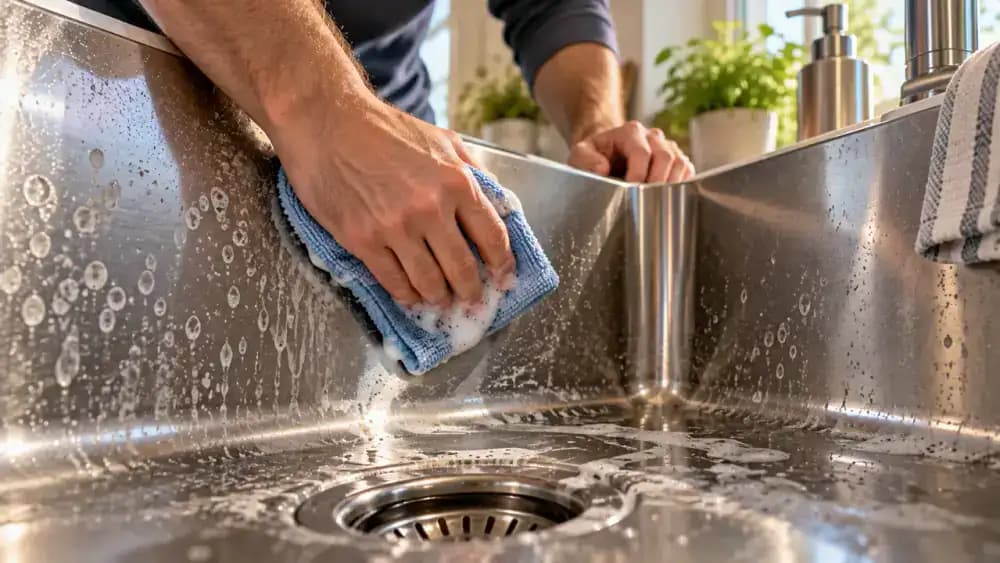 Close-up of a homeowner gently washing a stainless steel kitchen sink with a light blue microfiber cloth dipped in warm, soapy water, following the metal grain while white hard water spots remain visible.