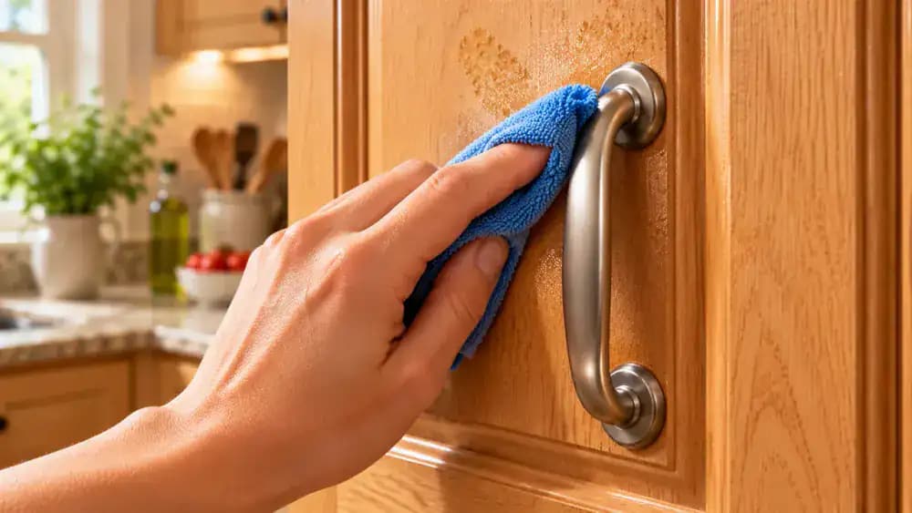 Close-up of a brushed nickel handle on a satin-finished oak kitchen cabinet as one hand gently wipes greasy fingerprints around the upper mounting base with a blue microfiber cloth while another holds a dry cotton towel.