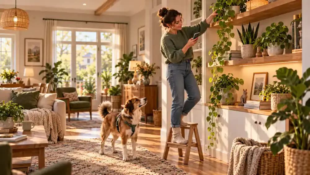 Houseplants moved onto high shelving while owner checks plant information