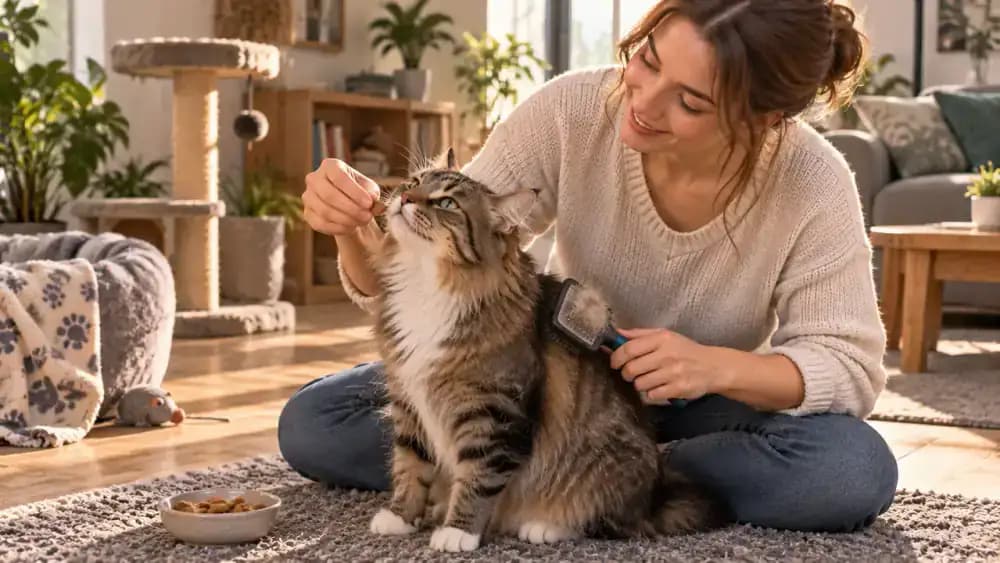 Cat calmly sniffing a grooming brush before a short brushing session