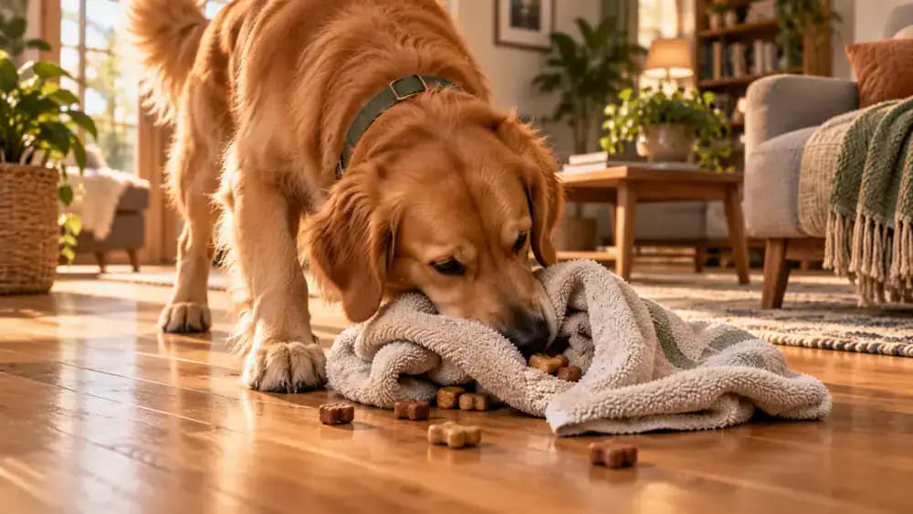 Dog nudging a loosely folded towel containing several treats