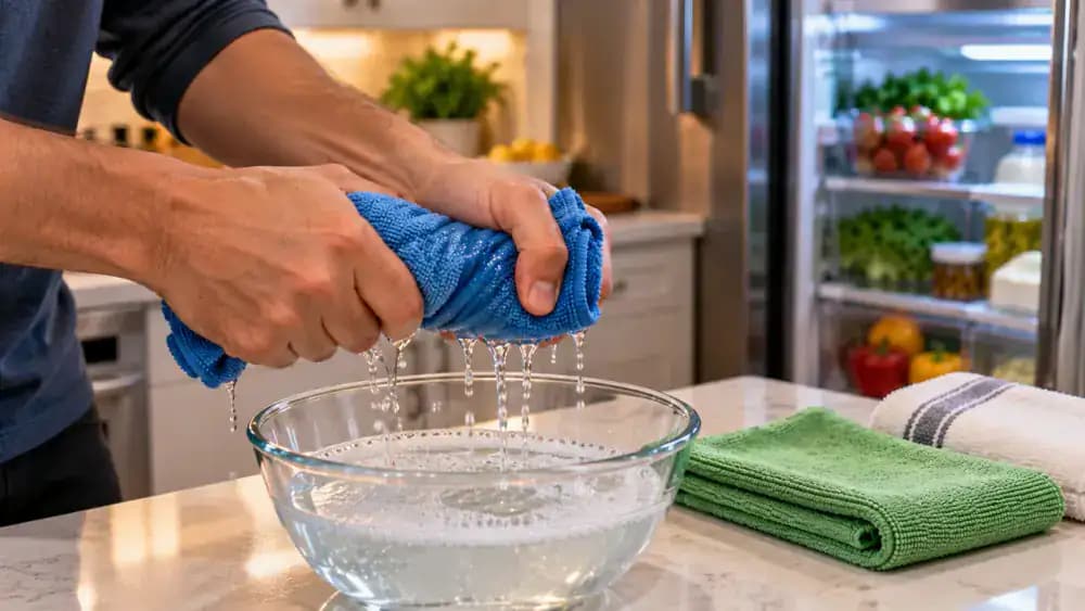 Close-up of hands wringing excess soapy water from a microfiber cloth over a small bowl beside an open stainless steel refrigerator, with the rubber door gasket and nearby door switch visible.