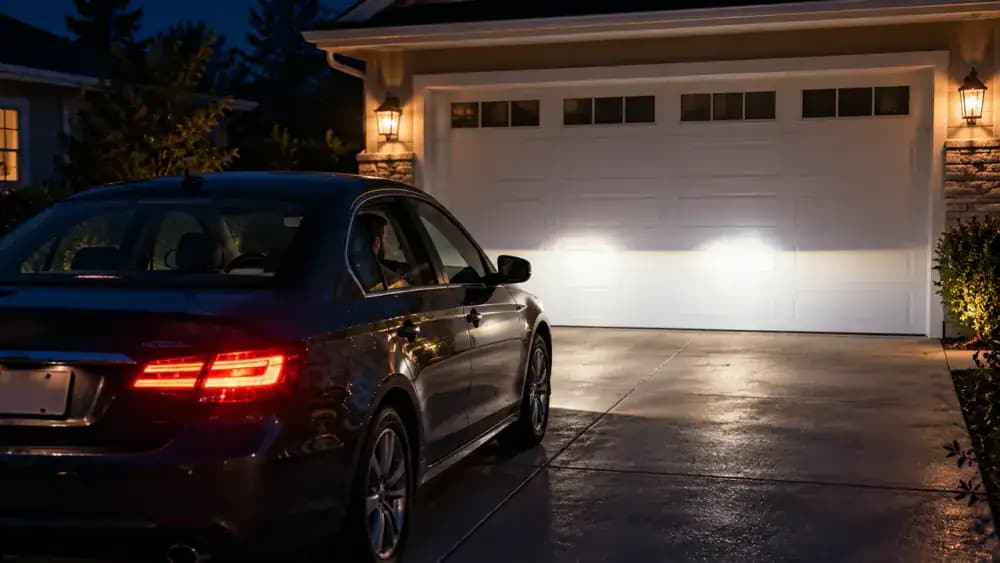 American sedan parked on a private driveway at night with headlights shining against a closed garage door to check for dim or flickering illumination.