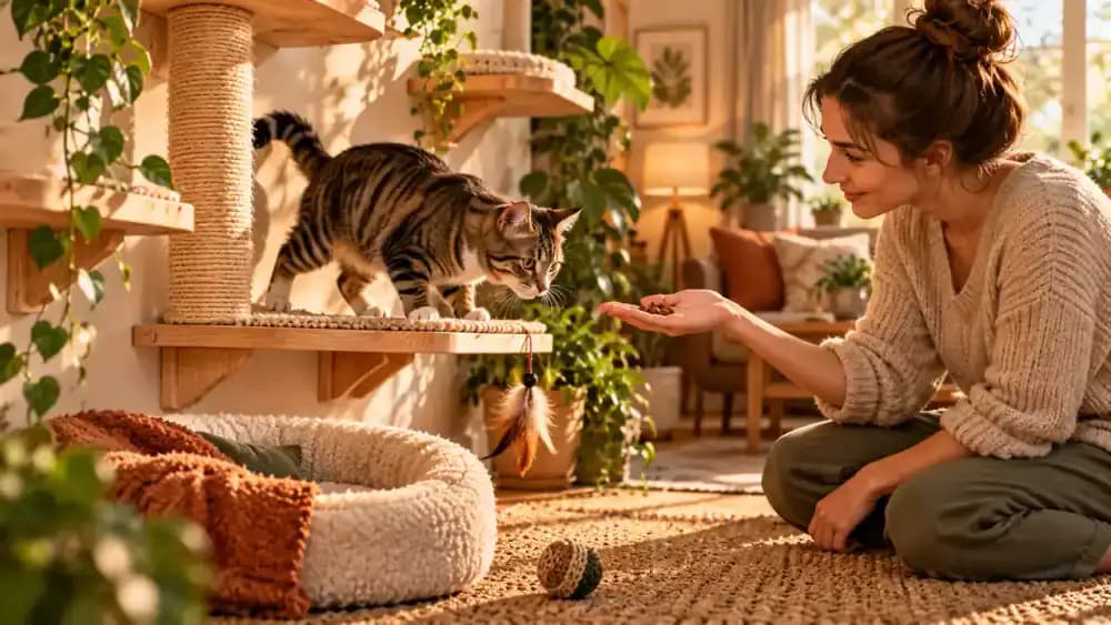 Cat owner placing a familiar blanket on a low perch and moving a feather toy nearby as a cat independently explores the first climbing platform.