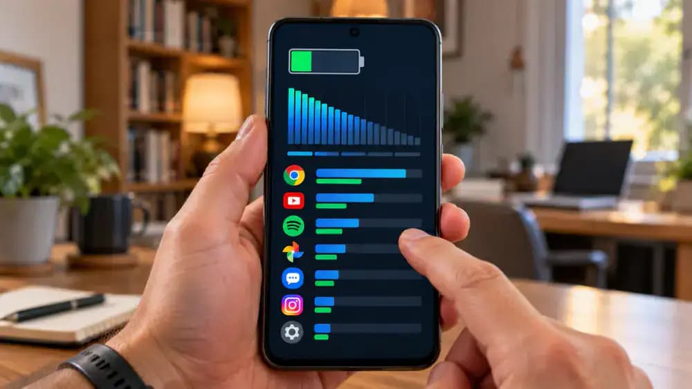 Enlarged Android Battery usage details screen for a Weather app showing illustrative values of 4 minutes of screen time and 1 hour 20 minutes of background activity, alongside graphics explaining the difference.