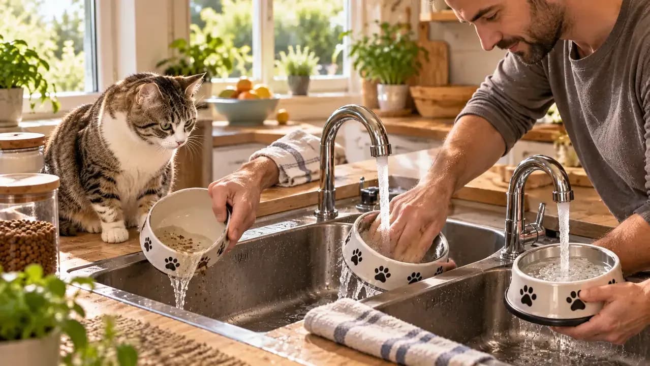 Owner emptying old cat water rinsing the bowl and refilling it with fresh water