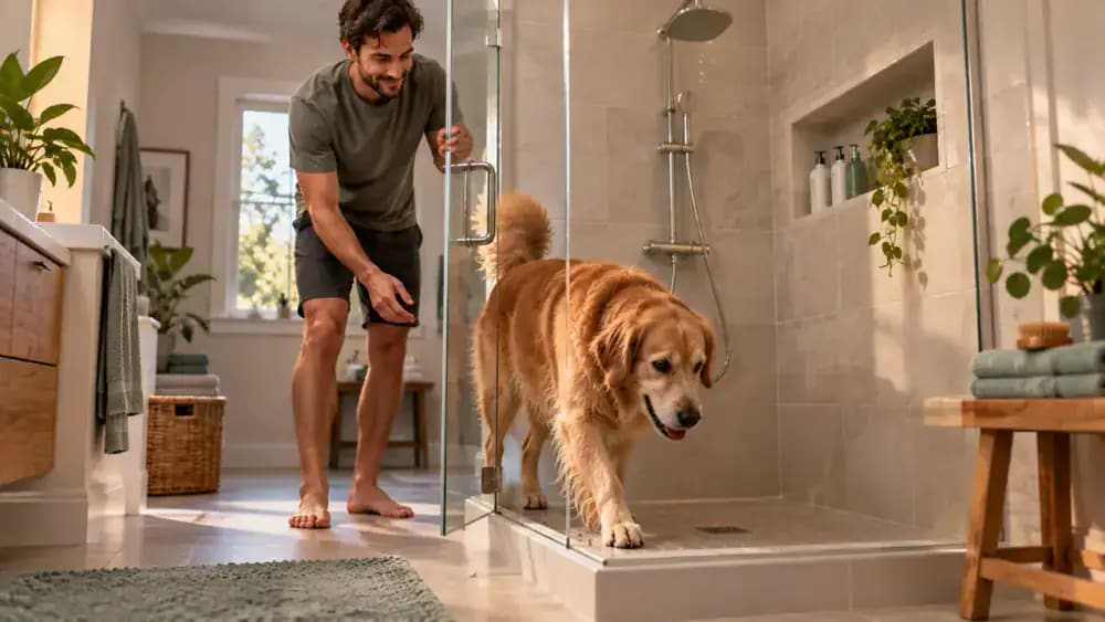 Large retriever stepping through an open glass door into a ground-level walk-in shower while its owner stands beside it.