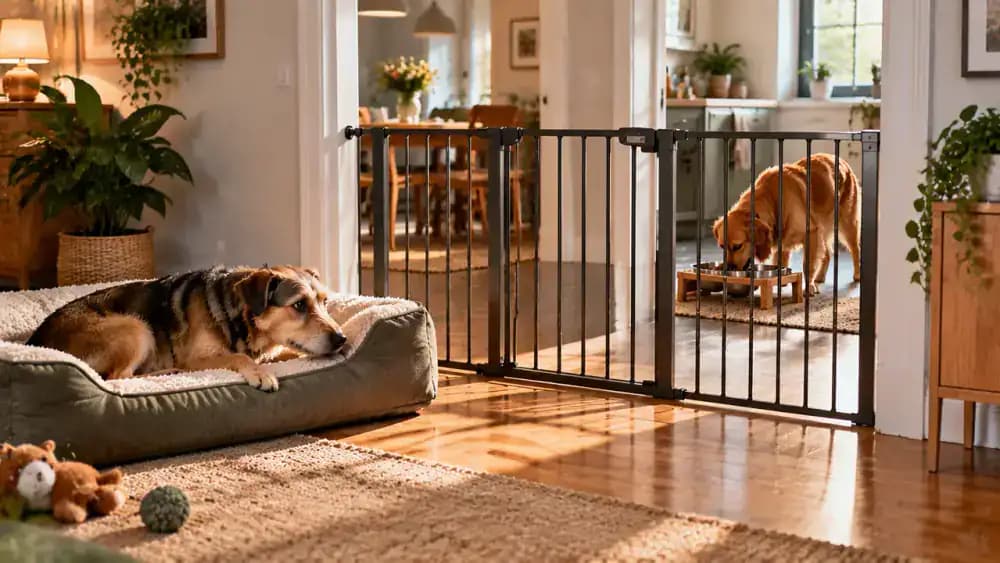 Pet gate separating two dogs' resting areas, with one dog relaxing on a bed and the other eating in a separate room while the owner checks the spaces.