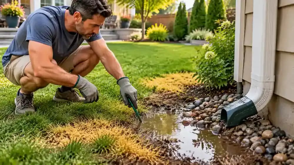 Homeowner using a short garden stake to indicate a shallow puddle beside yellowing grass near a backyard downspout after rain.