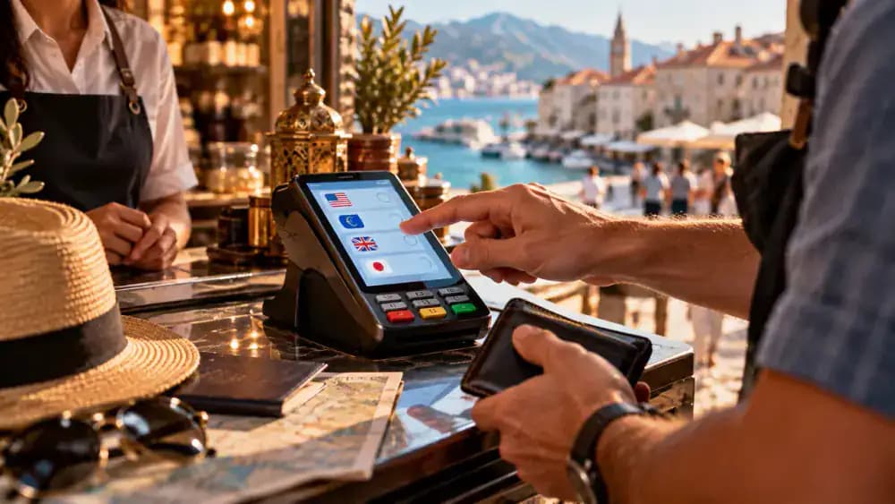 Analog clock and payment card beside a fluctuating currency exchange chart.