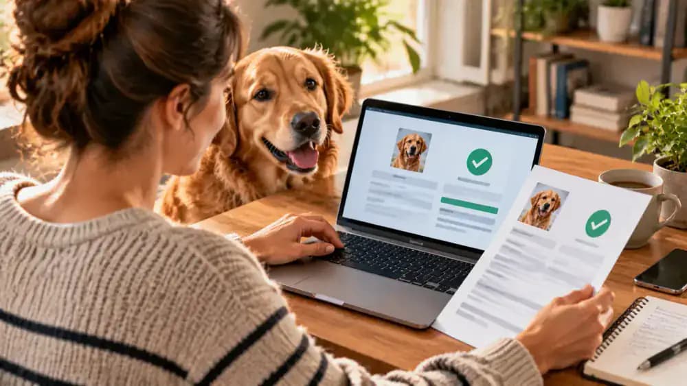 A pet owner submits revised contact information through a generic registry website and saves the confirmation message in a digital folder.
