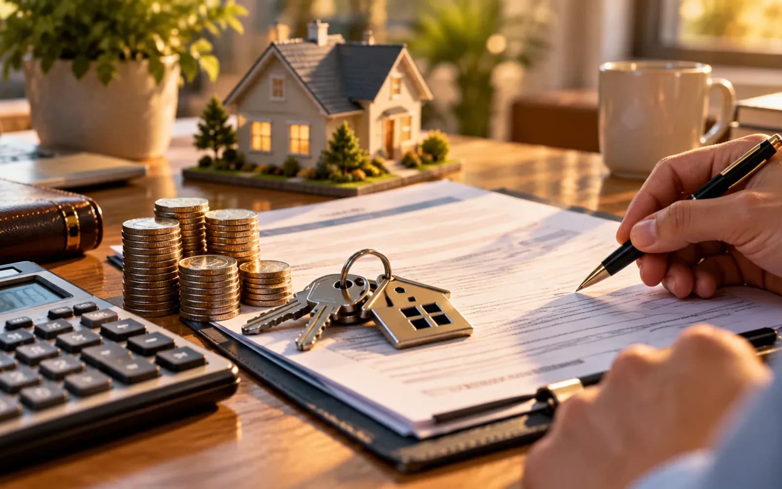 Home financing documents with coins and house keys