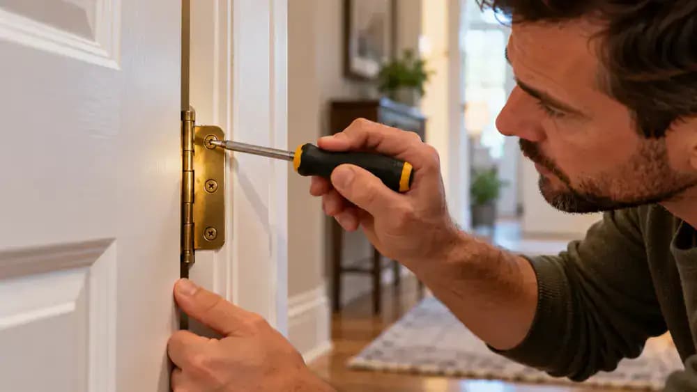 Close-up of a homeowner using a manual Phillips screwdriver to install a slightly longer replacement screw into the upper brass hinge of a white interior door, with the screw partially seated in the existing mounting hole.