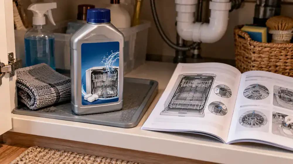 Person examining a generic dishwasher descaler container on a protective tray over a natural stone countertop, comparing its compatibility, dosage, and safety instructions with a printed dishwasher maintenance guide.