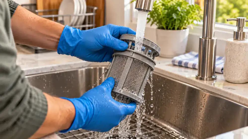 Gloved adult rinsing a dishwasher filter under warm running water in a kitchen sink while rotating the mesh so small food particles wash into the drain.