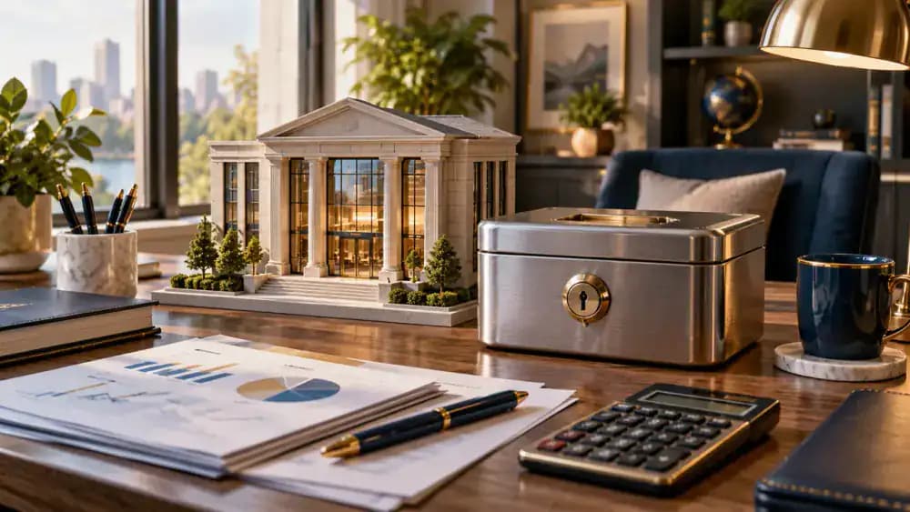Calculator surrounded by coins and an open financial notebook