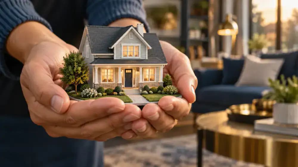 Hands holding a miniature home symbolizing financial security for surviving family members.