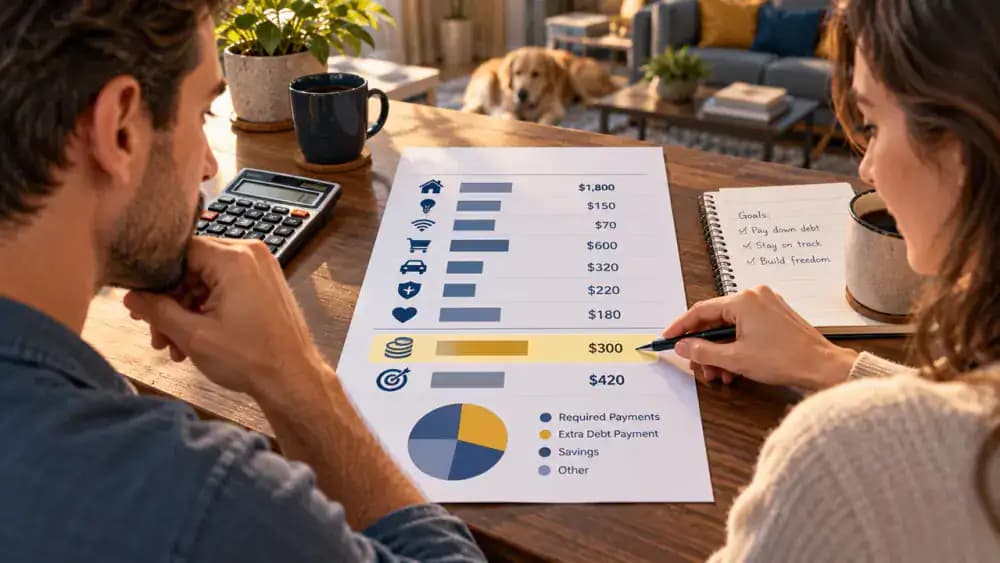 Monthly budget with extra debt payment highlighted