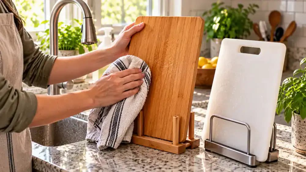 Freshly rinsed wooden cutting board being wiped dry with a clean kitchen towel before standing upright in a drying rack, with a plastic cutting board draining separately beside it.