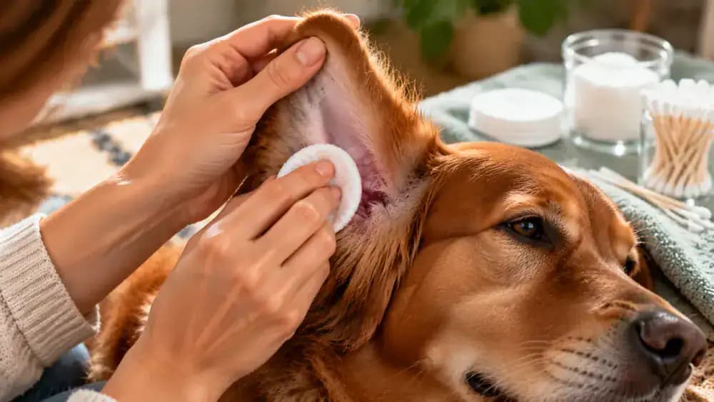 Close-up of an owner gently wiping a dog's outer ear flap with a soft cotton pad, with a cotton swab held away from the ear to demonstrate what not to insert.