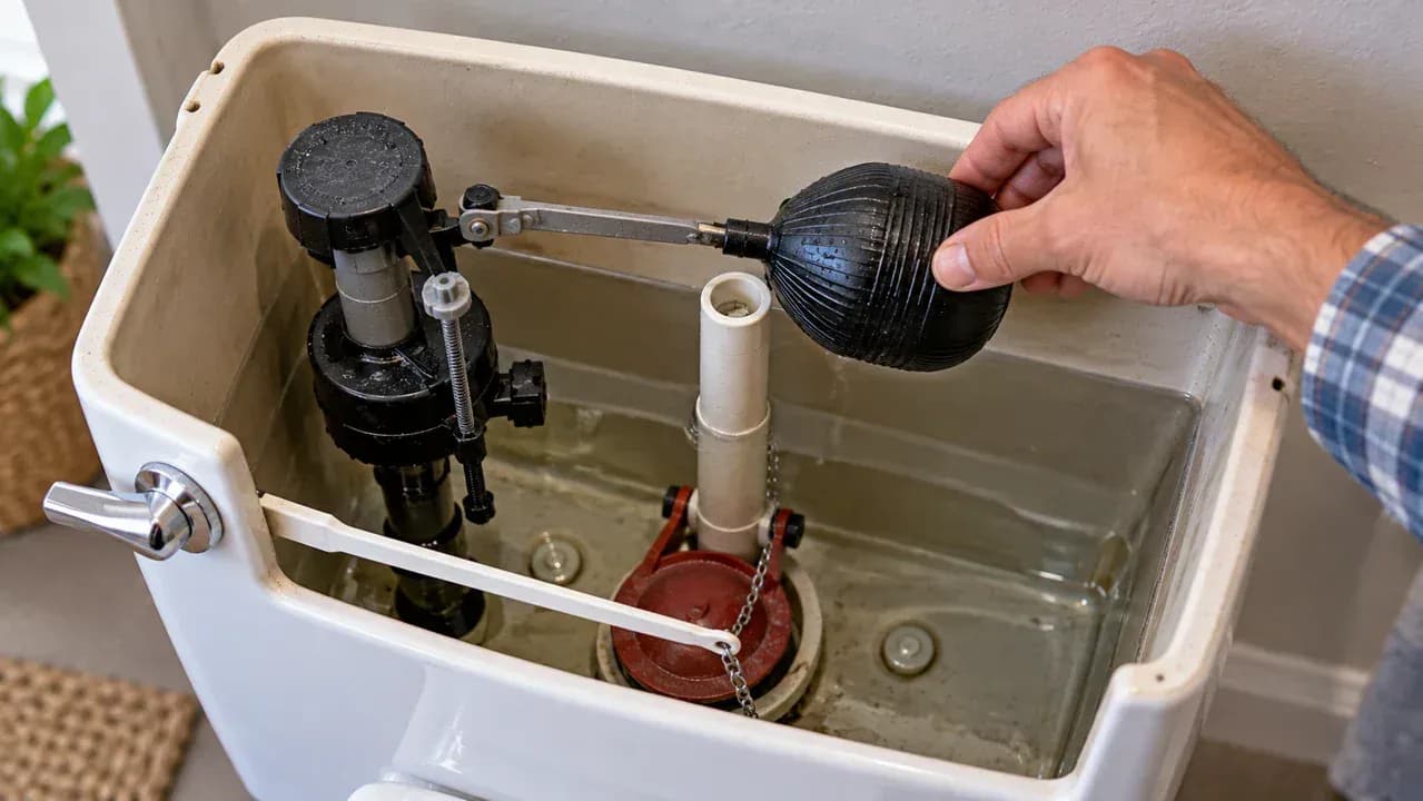 Rear-angle close-up inside an open toilet tank showing a hand gently raising and lowering the float beside the fill valve, overflow tube, and tank wall with the water supply off.