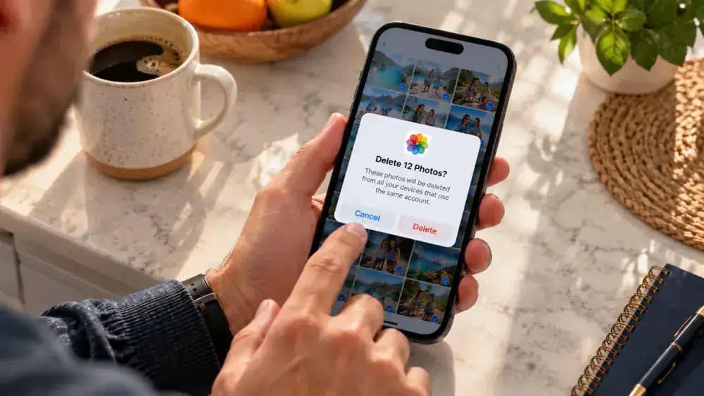 Adult reviewing an iPhone Photos deletion confirmation warning that explains a selected family birthday photo will also be removed from devices using iCloud Photos, with the right index finger hovering above the trash action and neither Cancel nor Delete Photo pressed.