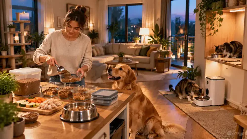 Pet owner organizing labeled meal containers in a spacious apartment while a tabby cat eats from an automatic feeder, another cat eats behind a partially closed door, and a Golden Retriever waits beside its designated bowl.