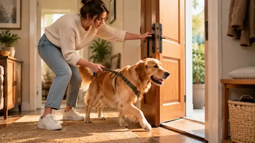 A dog stands near an interior doorway as its owner calmly resets the training position and prepares to repeat the exercise with the door barely open.