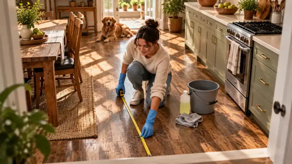 High-angle view of a residential kitchen with vinyl plank flooring, showing a person measuring a 3-foot by 3-foot cleaning section with a retractable tape measure. Graphic outlines mark adjacent floor sections progressing toward the doorway, with a microfiber mop nearby and a wet-floor warning sign 