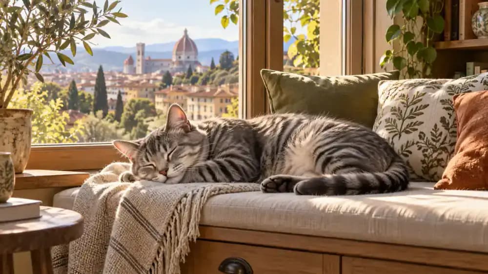 Gray tabby cat resting on a sunny window bench with gentle chest movement visible