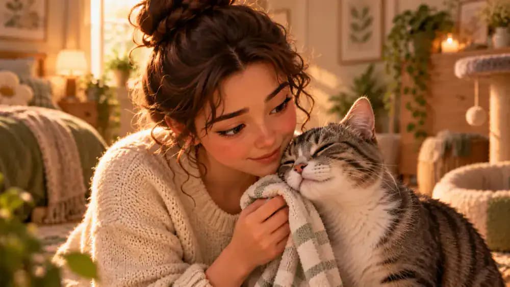 Owner gently collects Luna's cheek scent with a soft cloth before placing it near Milo's cushion