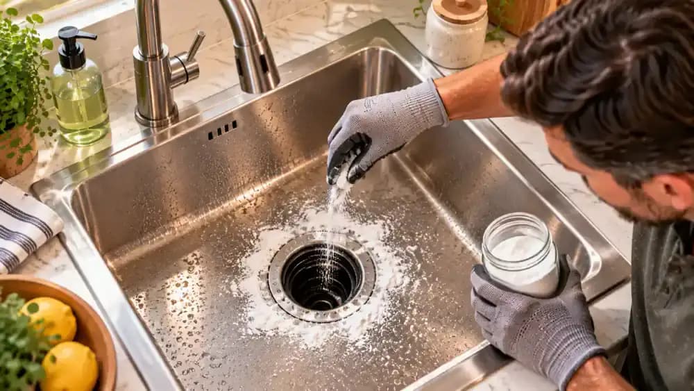 Top-down view of a cleared kitchen sink with the garbage disposal off as a homeowner sprinkles a small spoonful of baking soda around the drain opening and rinses it with cool water.