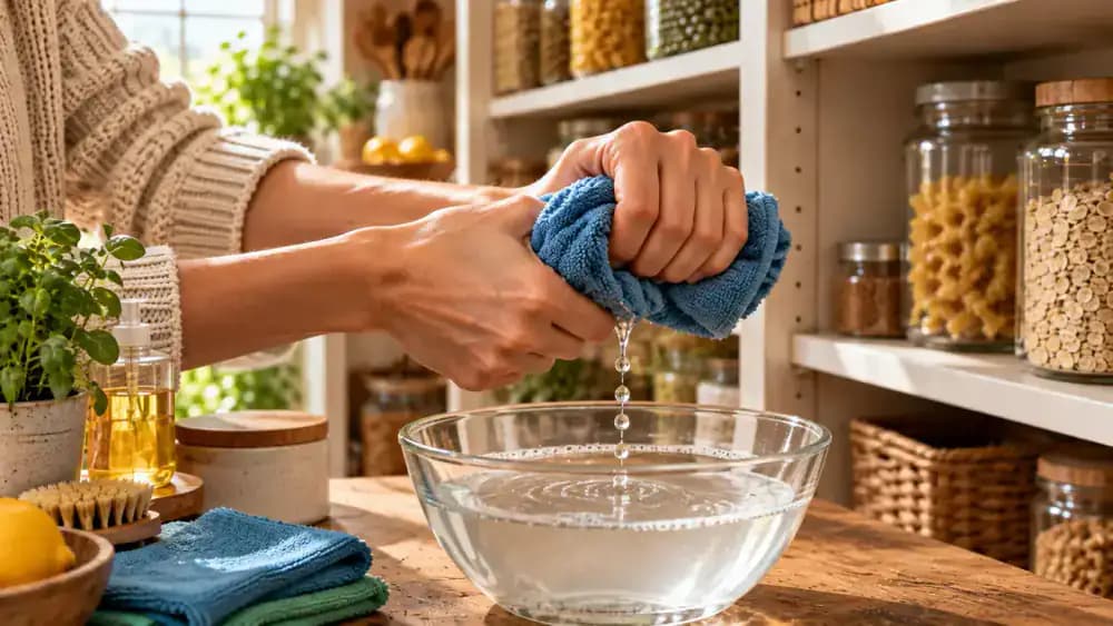 Close-up of hands wringing the damp corner of a blue microfiber cloth over a glass bowl of soapy water on a wooden cutting board, with an empty pantry shelf and exposed particleboard edge in the background.