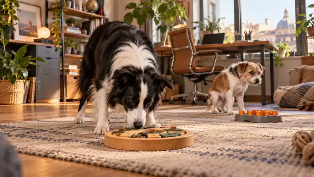 Calm dog engaging with a puzzle while another dog appears tense