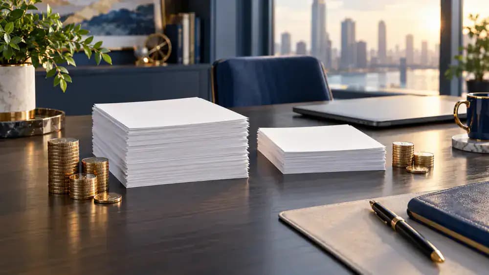 Two stacks of blank purchase offers beside unequal groups of coins on a modern desk.