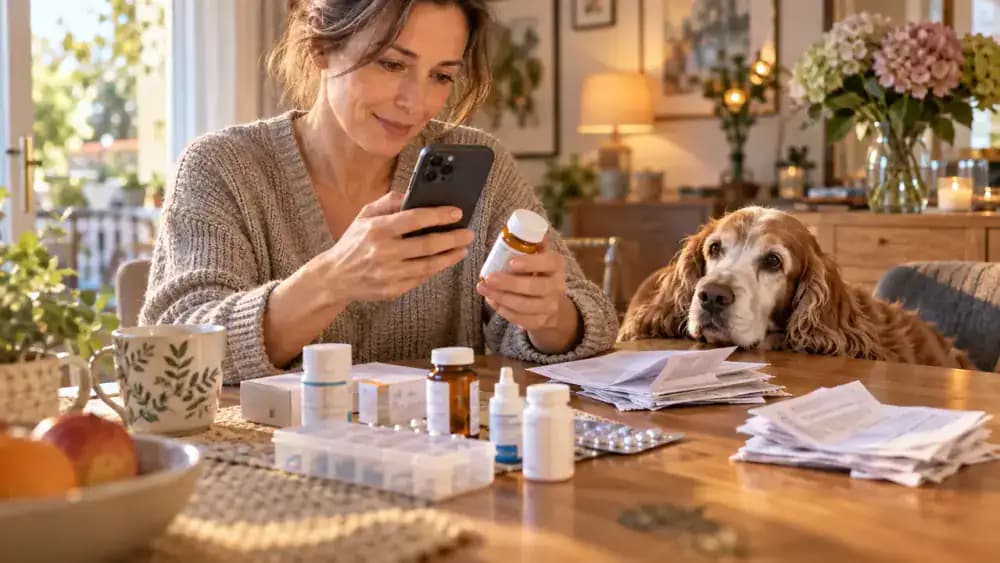 Owner photographing a prescription label and updating an older spaniel's medication record