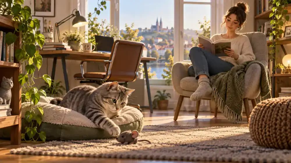 Gray tabby cat walking through an open home office door toward a plush mouse toy beside its resting cushion while the owner reads quietly at a desk.