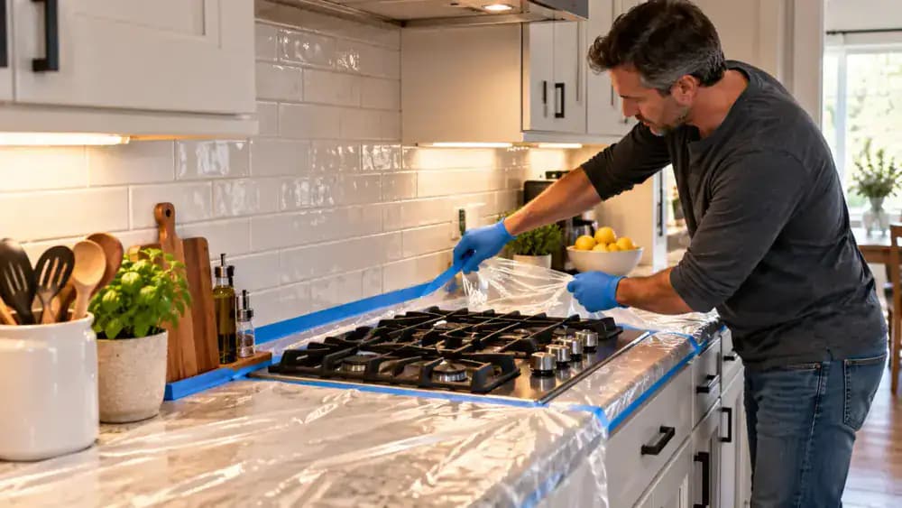 Adult wearing blue nitrile gloves clears utensils, spices, and a cutting board from a kitchen countertop, then places an absorbent towel beneath a greasy cream ceramic tile backsplash beside a cool stainless steel stovetop.