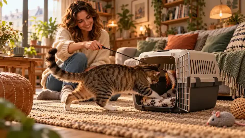 Cat following a feather wand partly into an open carrier while playing