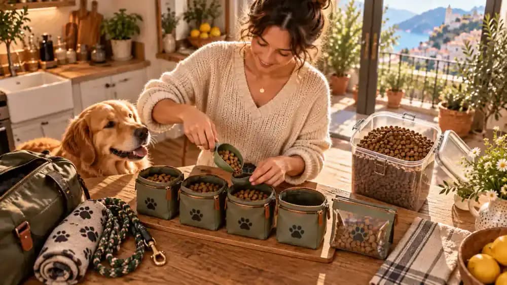 Measured portions of familiar pet food divided into labeled travel meal bags with one extra portion