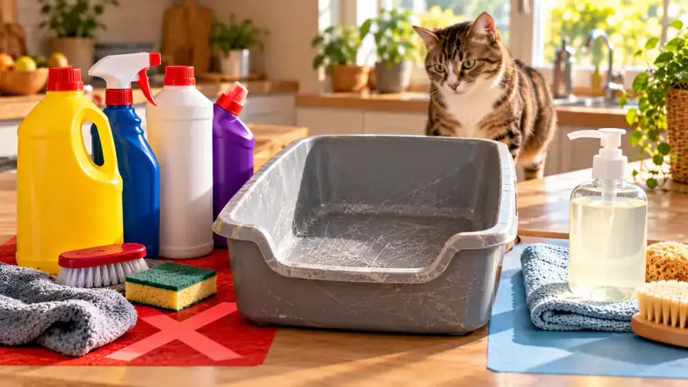 Cleaning product bottles labeled Bleach, Ammonia Cleaner, and Strong Fragrance displayed with red warning symbols beside mild unscented soap marked with a green checkmark, with a scratched litter tray nearby.