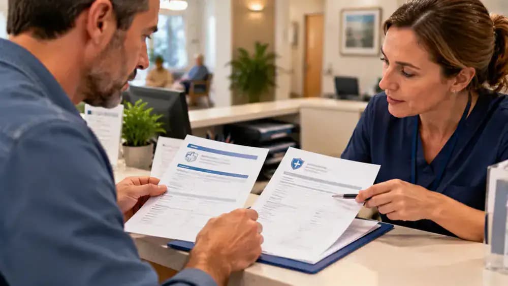 Patient reviewing a referral tracking sheet beside separate forms labeled Referral Status and Insurance Authorization Status, with a sample reference number, submission date, and pending follow-up recorded.