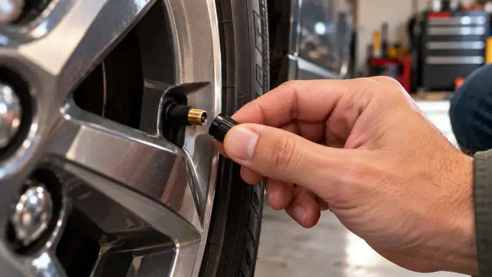Close-up of a hand unscrewing a black plastic tire valve cap counterclockwise from the valve stem of a stationary car tire, with a clean parts tray nearby.