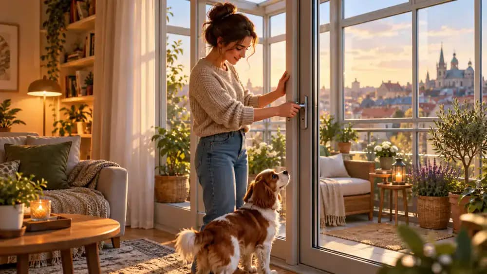 Owner checking the enclosure and door latch on a professionally protected apartment balcony before supervising a small dog, then calmly guiding the dog indoors after it notices a passing bird.