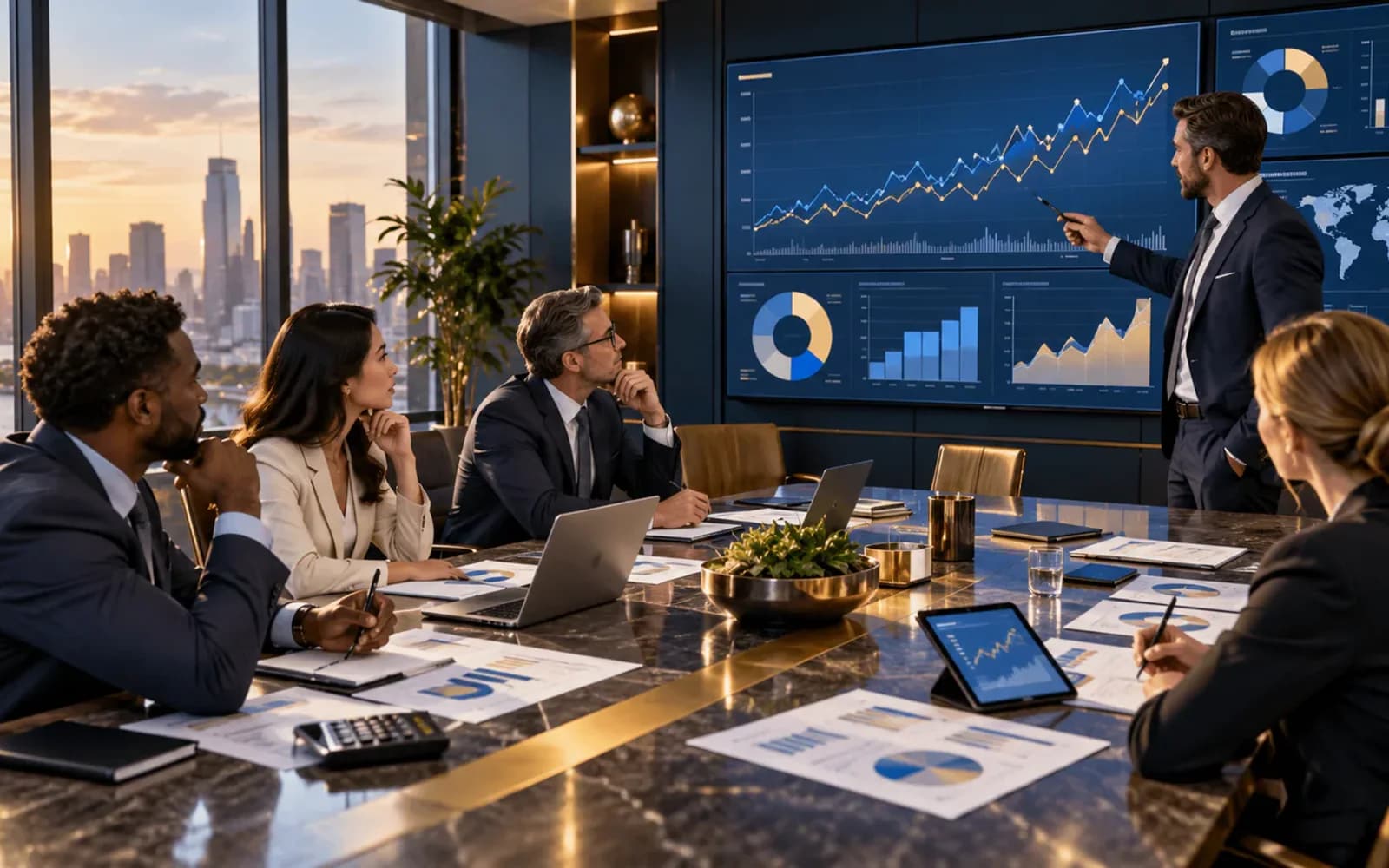 Investment management team analyzing securities in a meeting